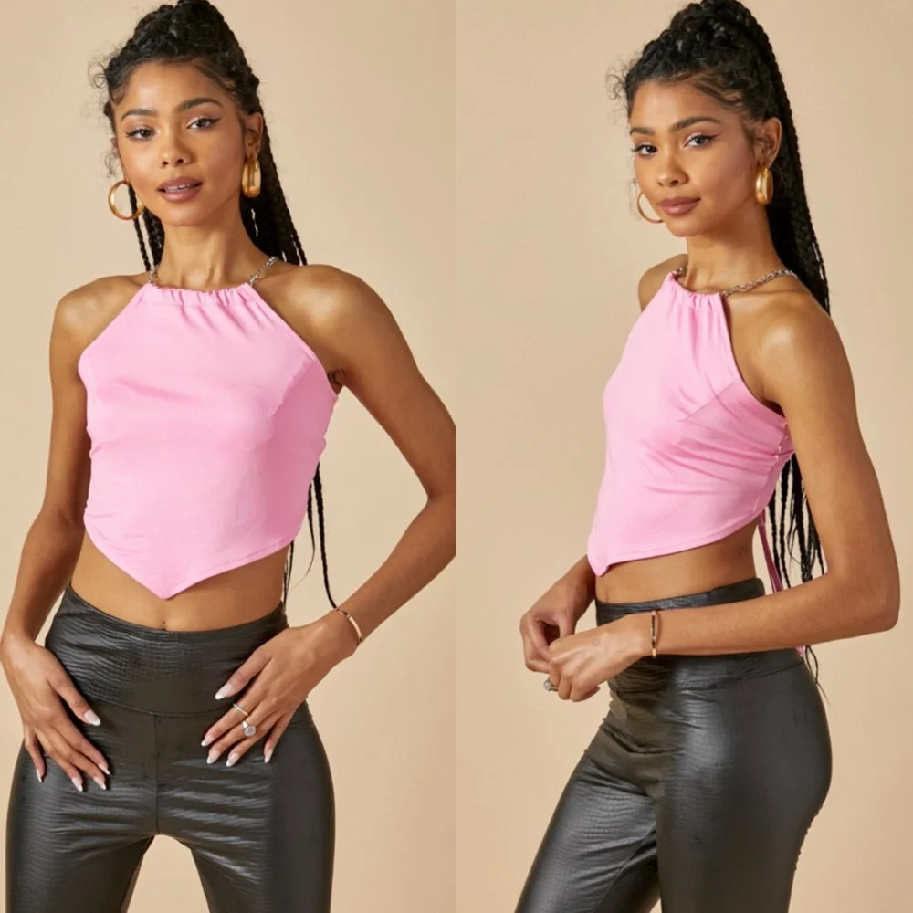 Pink scarf style chain halter top in Barbie pink - Picture 5 of 7